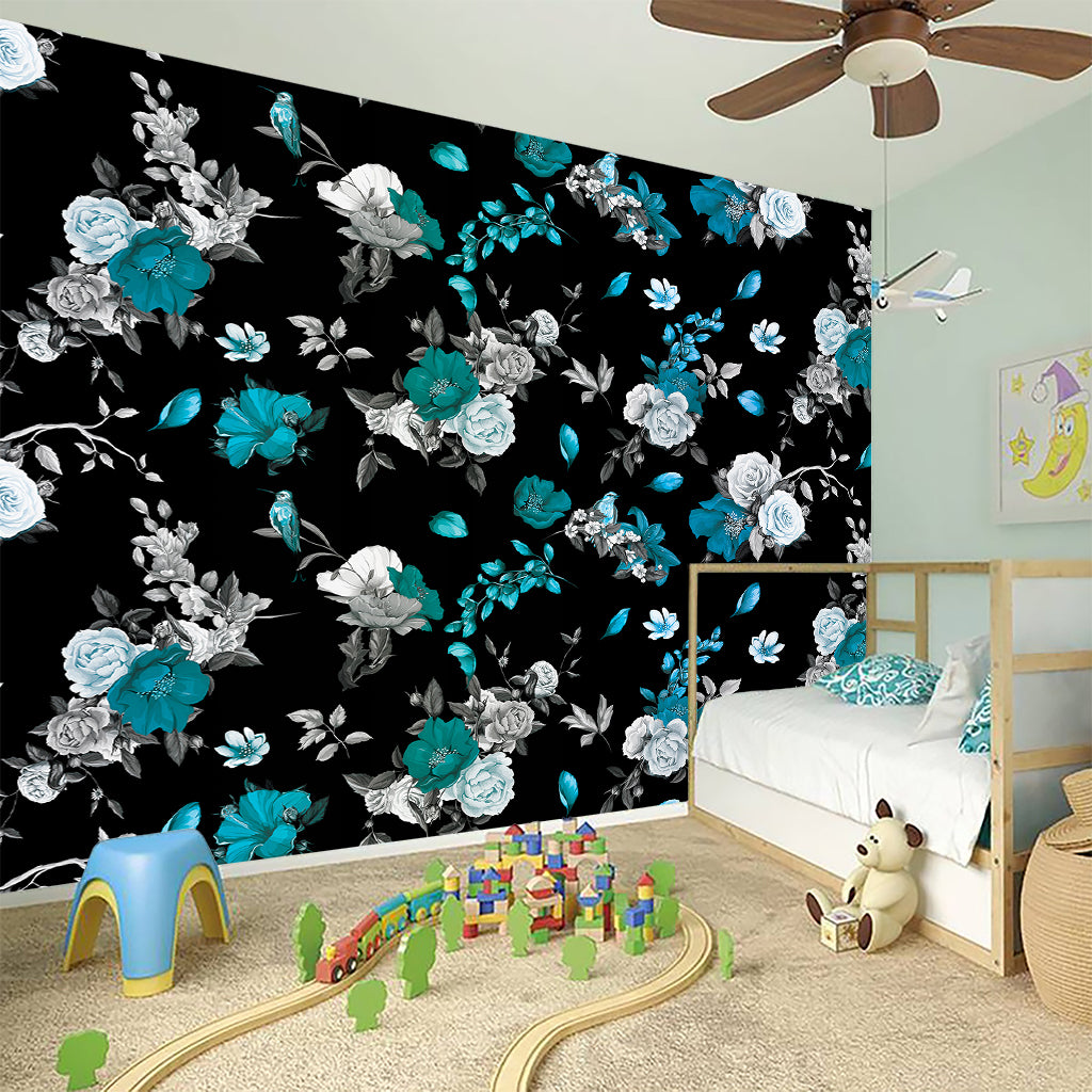 Blue Peony And Grey Rose Floral Print Wall Sticker