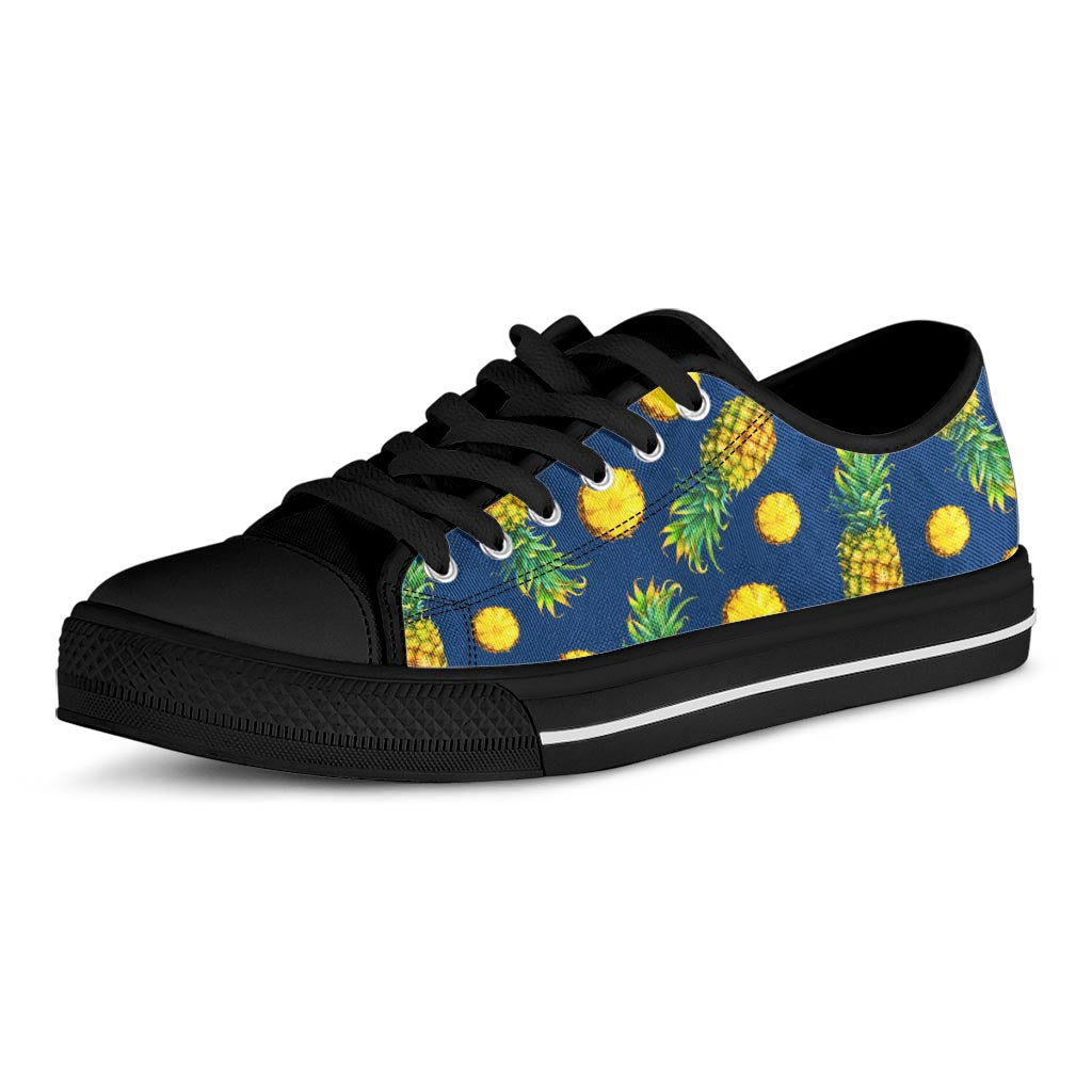 Blue Pineapple Pattern Print Black Low Top Sneakers