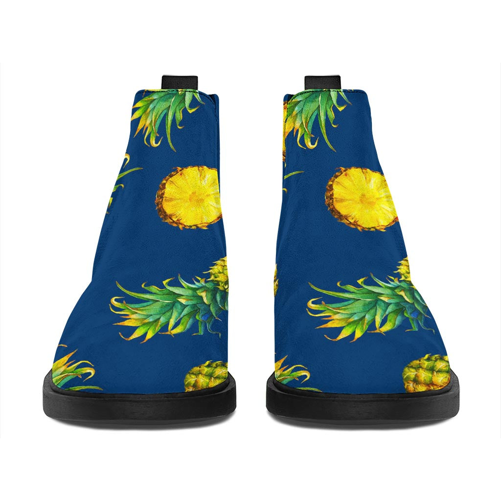 Blue Pineapple Pattern Print Flat Ankle Boots