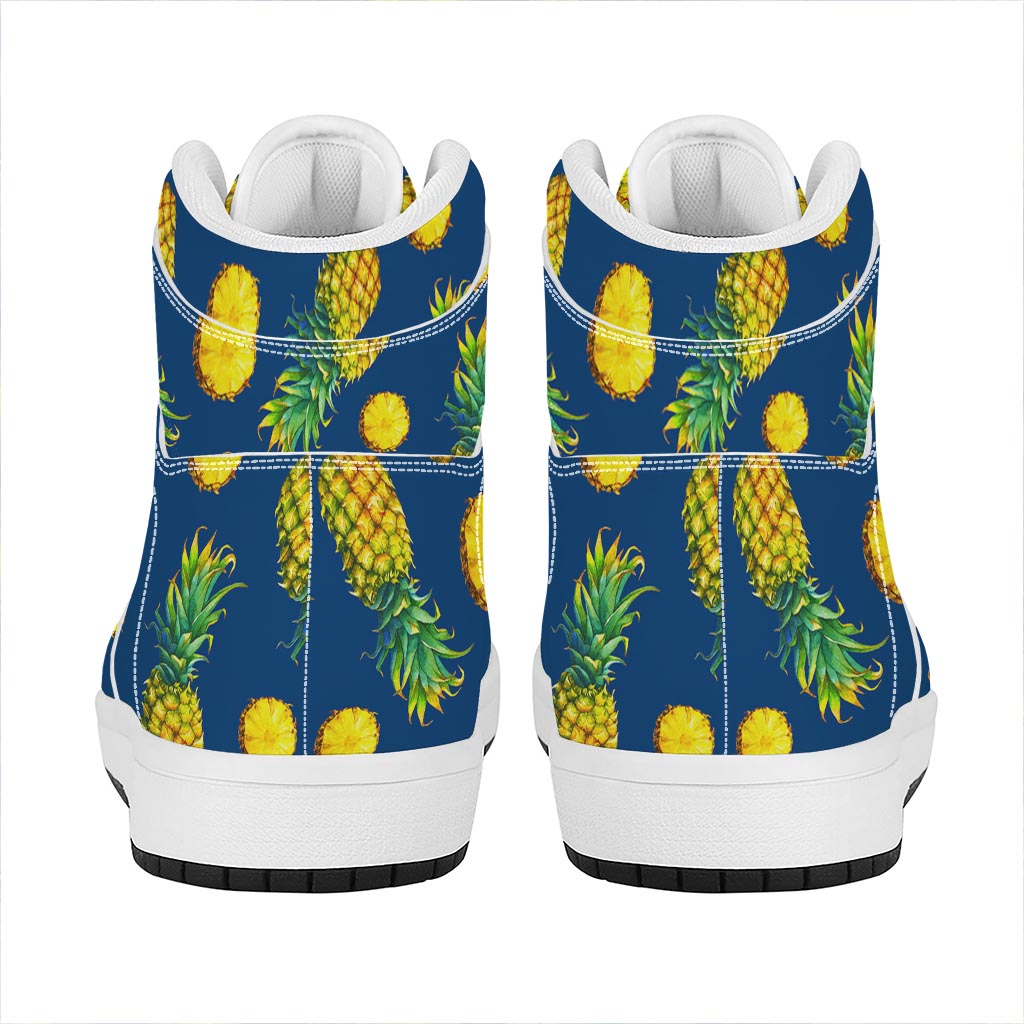 Blue Pineapple Pattern Print High Top Leather Sneakers