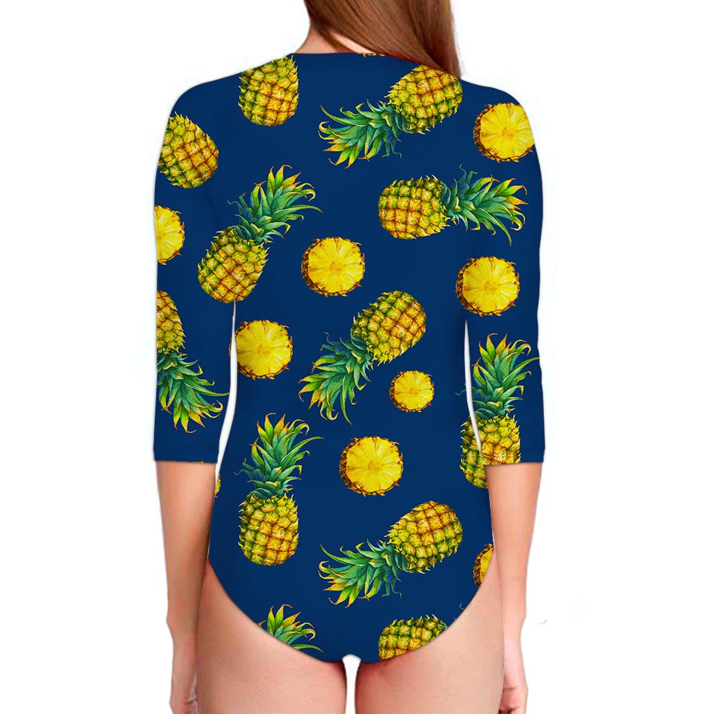 Blue Pineapple Pattern Print Long Sleeve Swimsuit