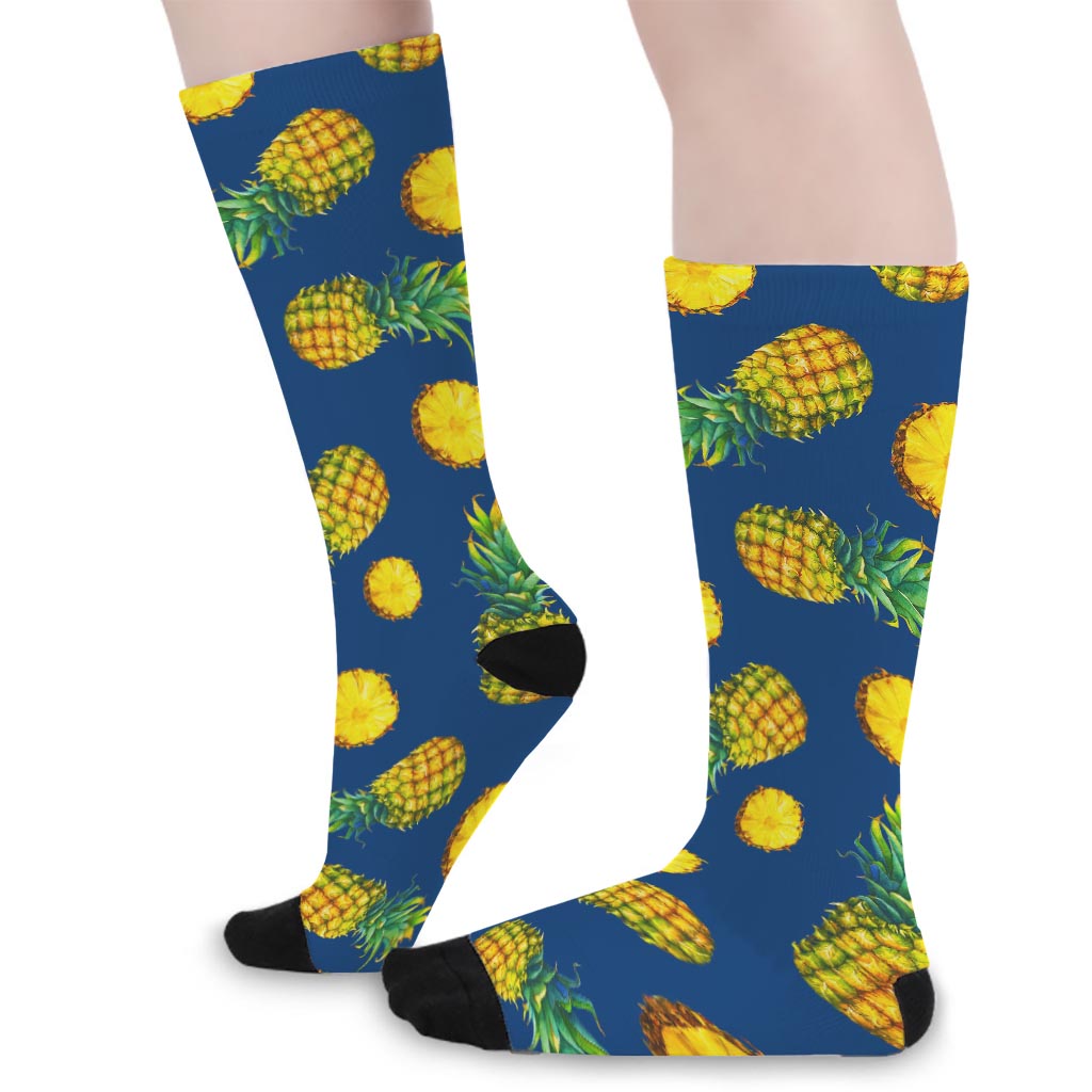 Blue Pineapple Pattern Print Long Socks