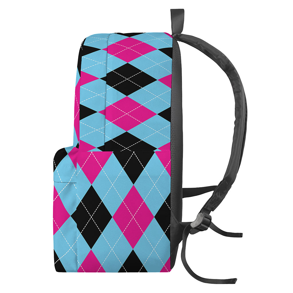 Blue Pink And Black Argyle Pattern Print Backpack