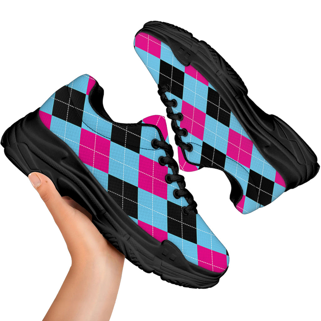 Blue Pink And Black Argyle Pattern Print Black Chunky Shoes