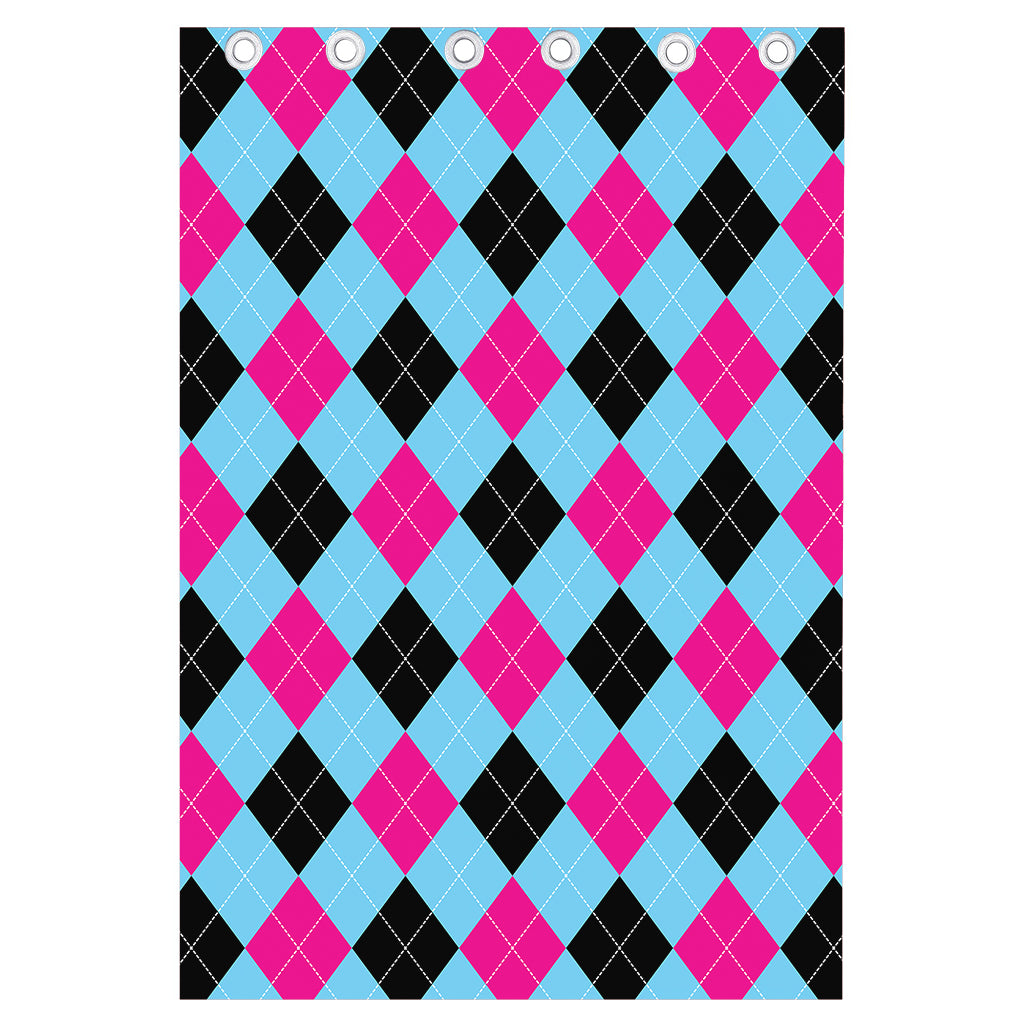 Blue Pink And Black Argyle Pattern Print Curtain