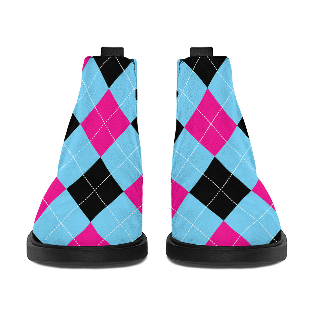 Blue Pink And Black Argyle Pattern Print Flat Ankle Boots