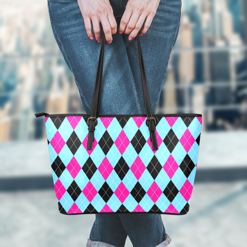 Blue Pink And Black Argyle Pattern Print Leather Tote Bag