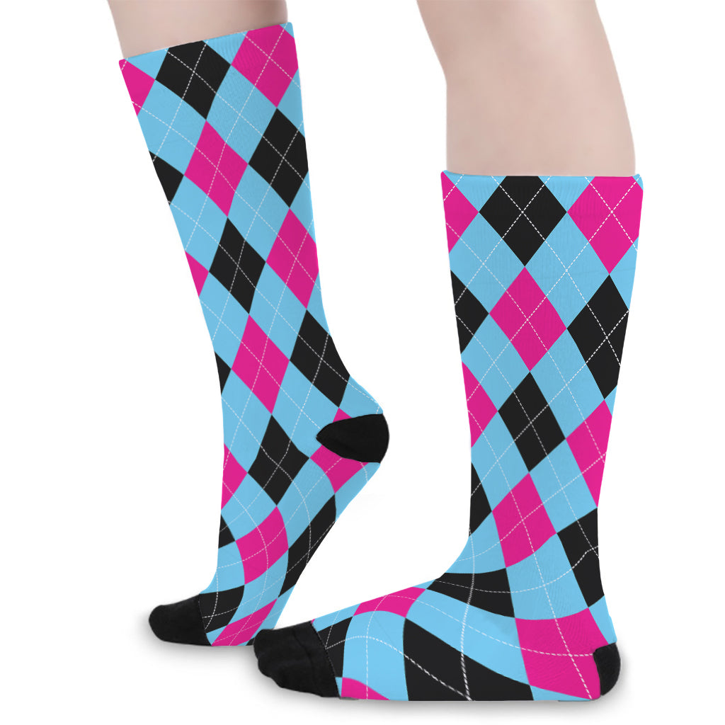 Blue Pink And Black Argyle Pattern Print Long Socks