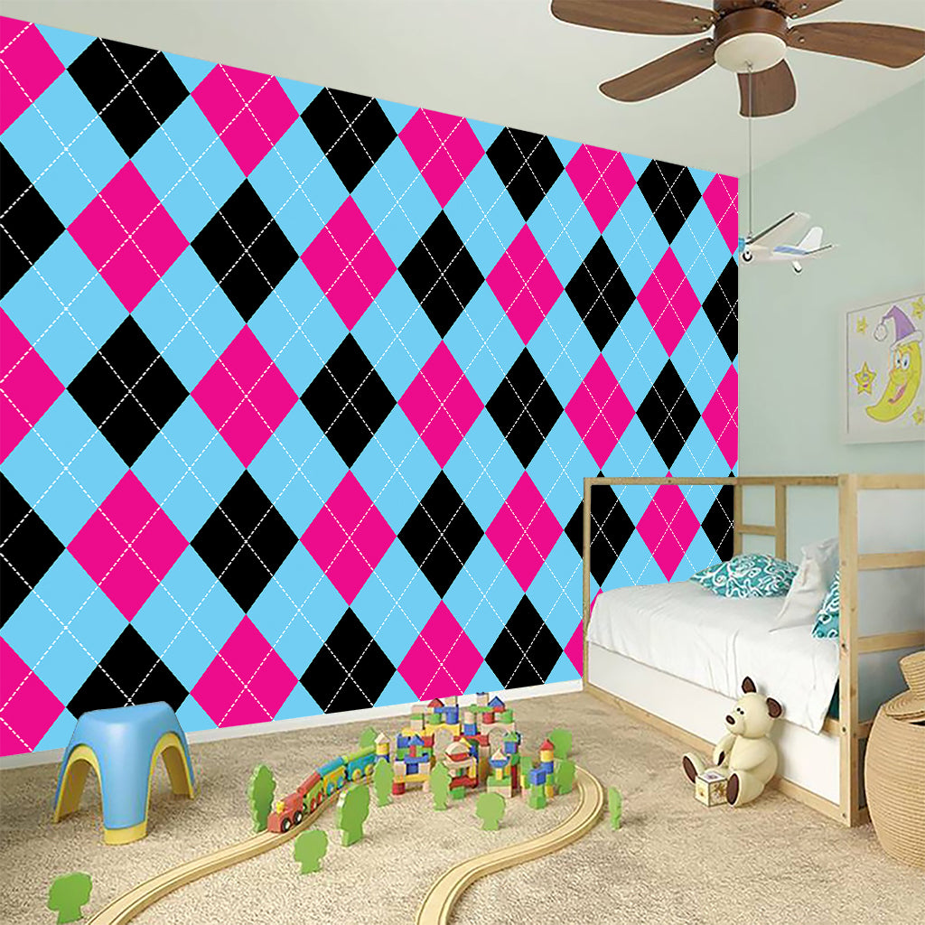 Blue Pink And Black Argyle Pattern Print Wall Sticker