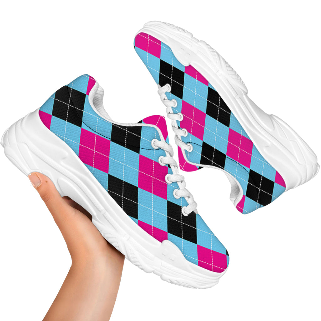 Blue Pink And Black Argyle Pattern Print White Chunky Shoes