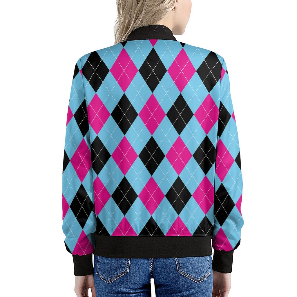Blue Pink And Black Argyle Pattern Print Women's Bomber Jacket