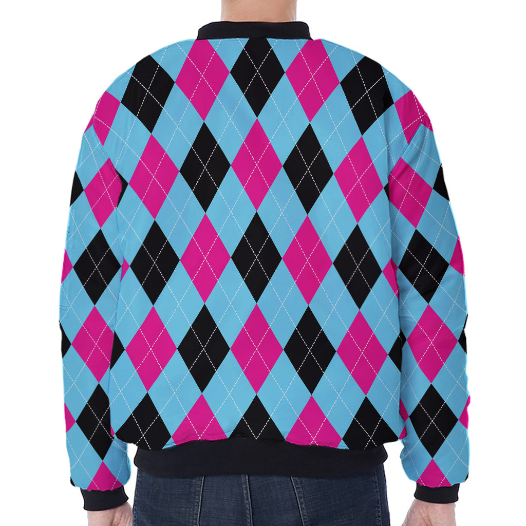 Blue Pink And Black Argyle Pattern Print Zip Sleeve Bomber Jacket