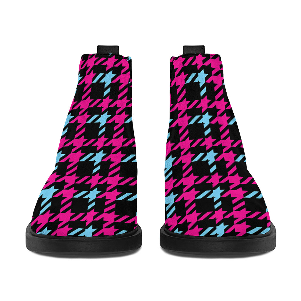 Blue Pink And Black Houndstooth Print Flat Ankle Boots