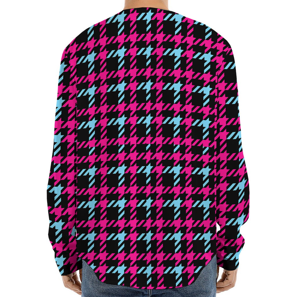 Blue Pink And Black Houndstooth Print Long Sleeve Baseball Jersey