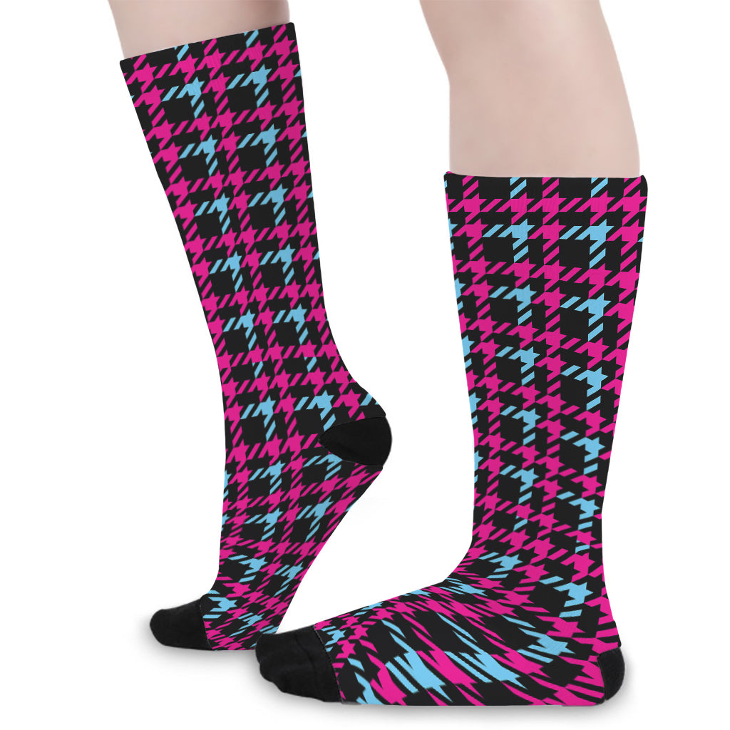 Blue Pink And Black Houndstooth Print Long Socks