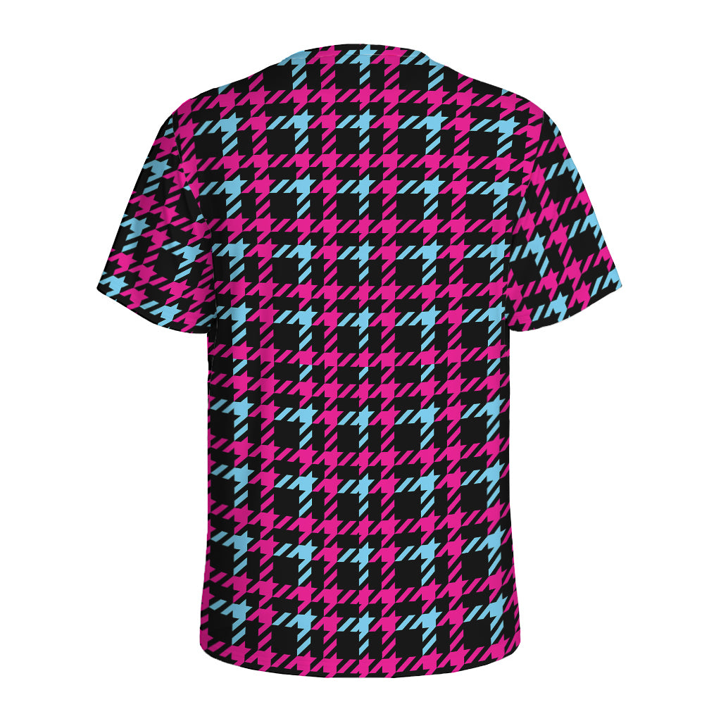 Blue Pink And Black Houndstooth Print Men's Sports T-Shirt
