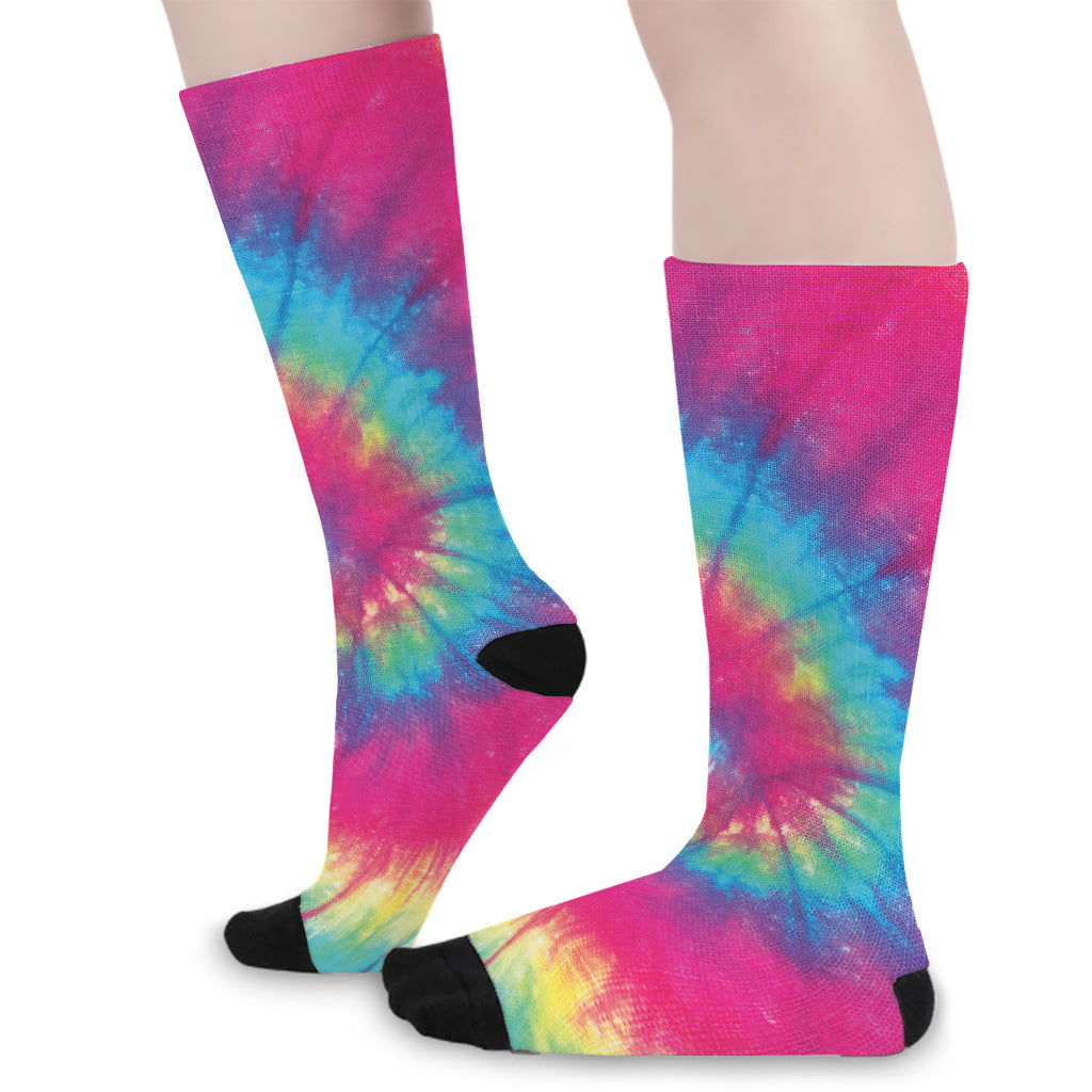 Blue Pink And Yellow Tie Dye Print Long Socks