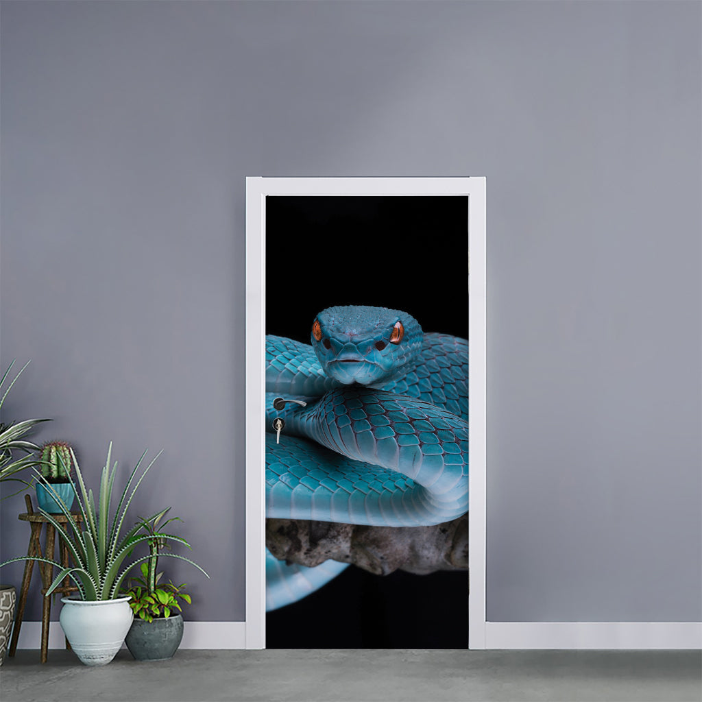Blue Pit Viper Snake Print Door Sticker
