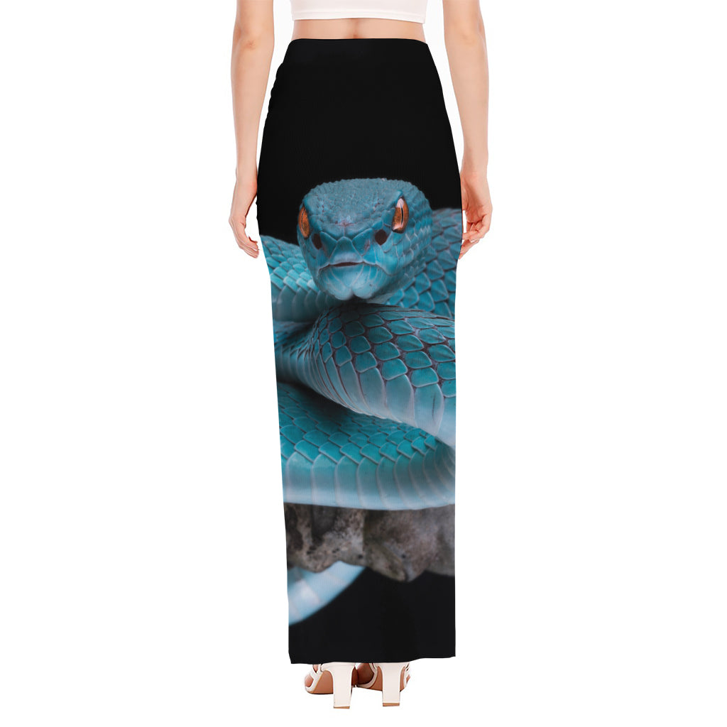 Blue Pit Viper Snake Print High Slit Maxi Skirt