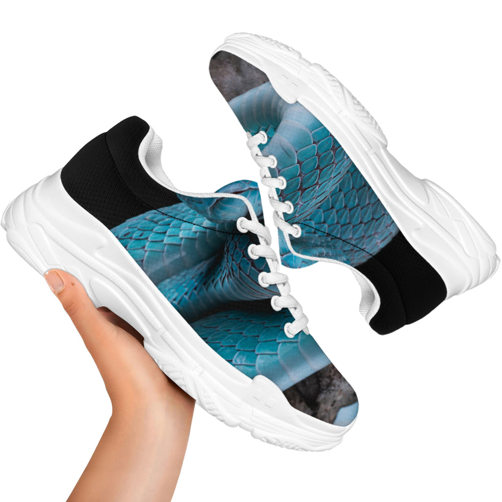 Blue Pit Viper Snake Print White Chunky Shoes