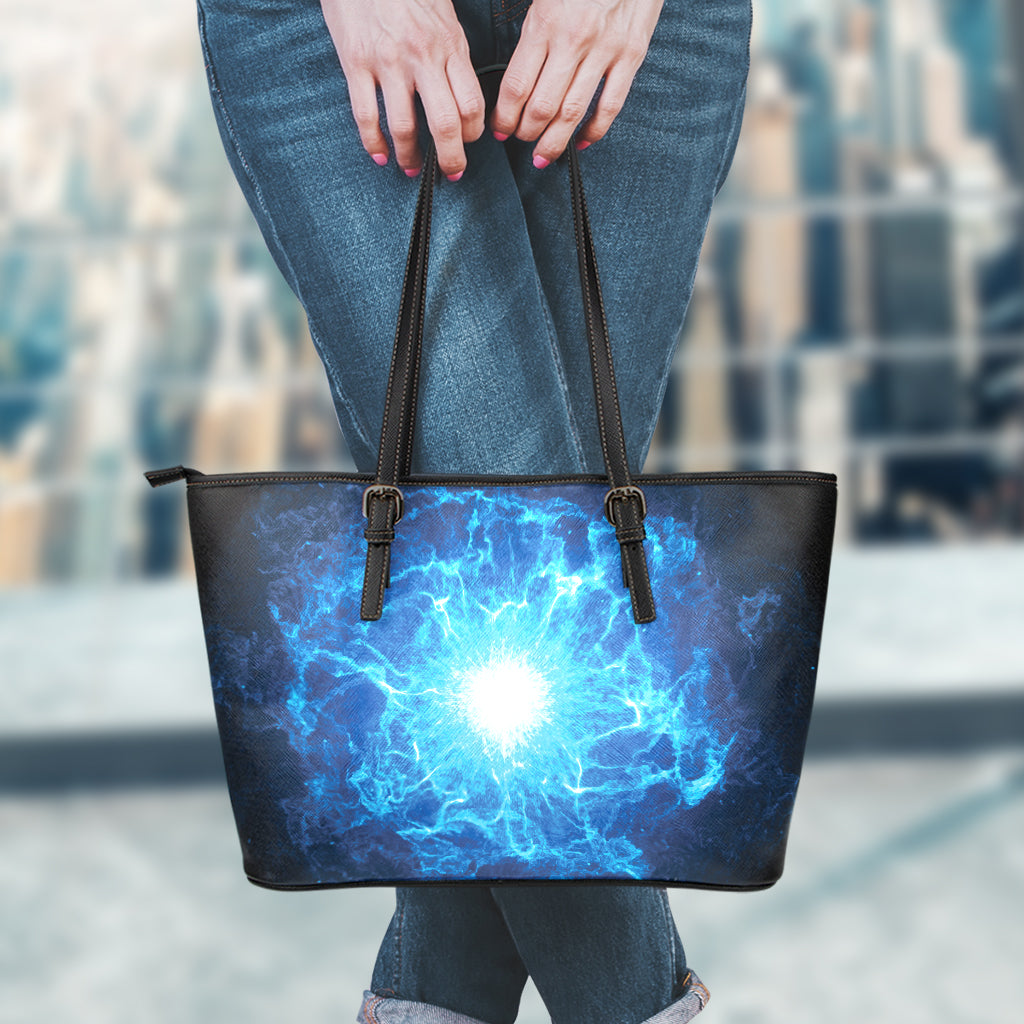 Blue Plasma Energy Print Leather Tote Bag
