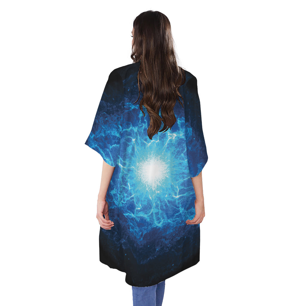 Blue Plasma Energy Print Open Front Beach Cover Up