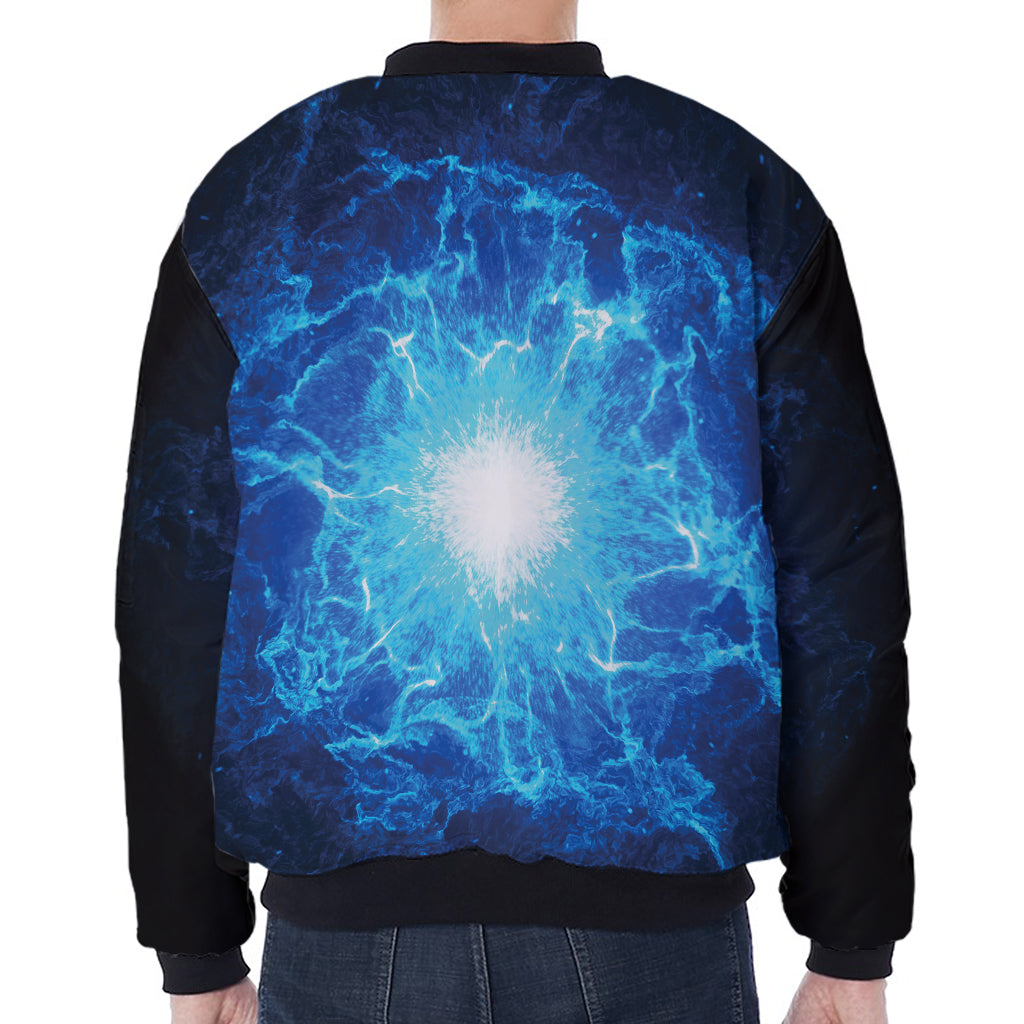 Blue Plasma Energy Print Zip Sleeve Bomber Jacket