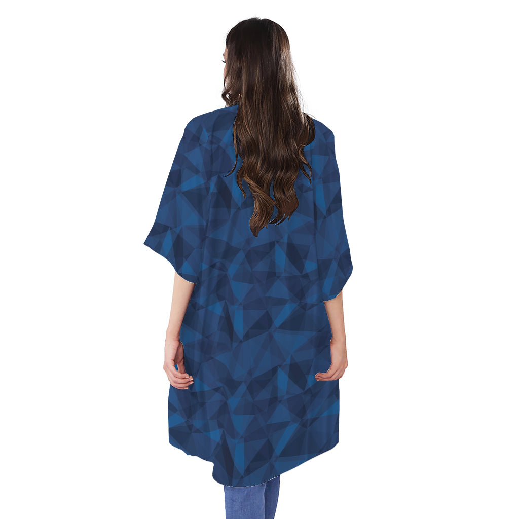 Blue Polygonal Geometric Print Open Front Beach Cover Up