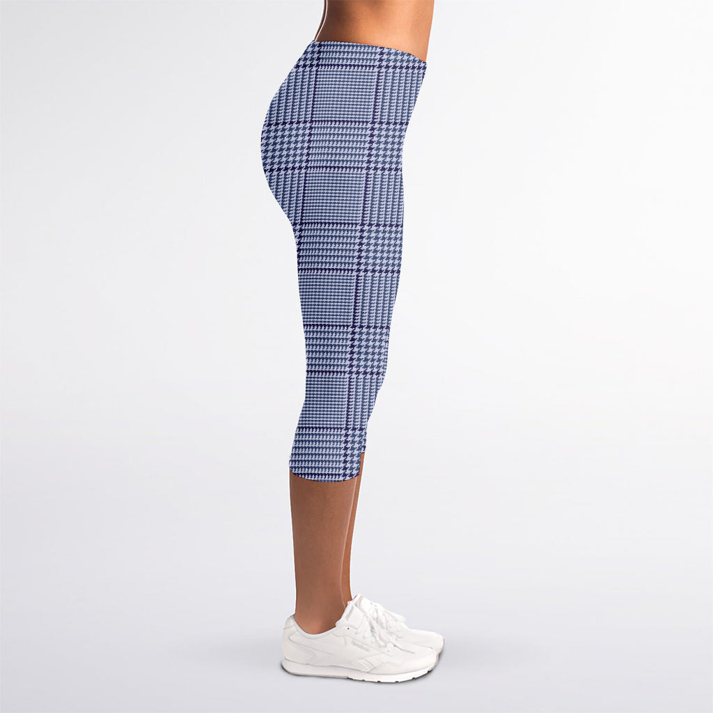 Blue Prince of Wales Check Print Women's Capri Leggings
