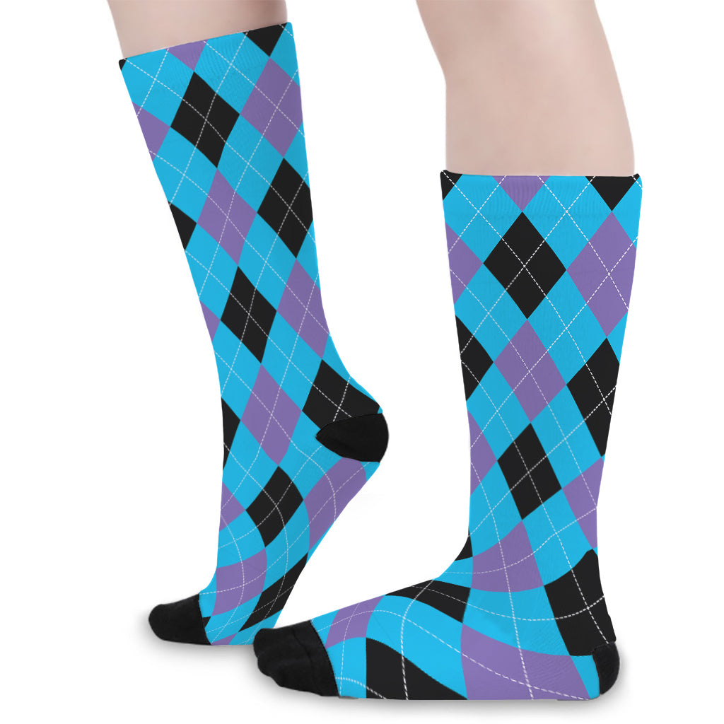 Blue Purple And Black Argyle Print Long Socks