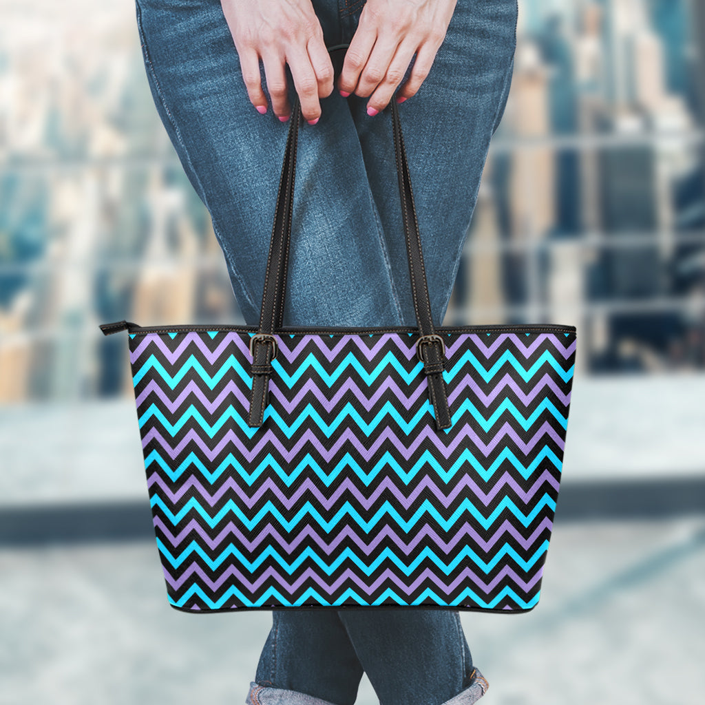 Blue Purple And Black Chevron Print Leather Tote Bag