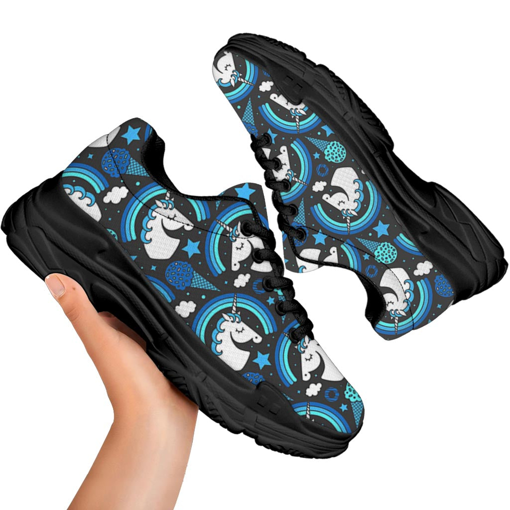 Blue Rainbow Unicorn Pattern Print Black Chunky Shoes