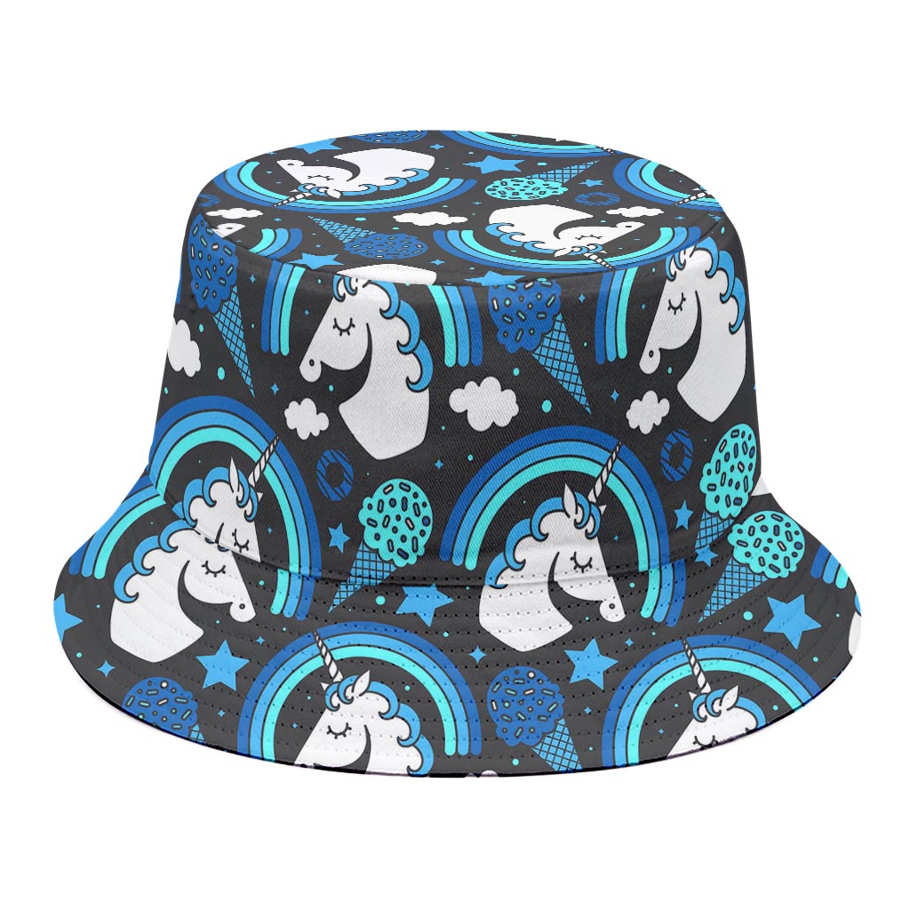 Blue Rainbow Unicorn Pattern Print Bucket Hat