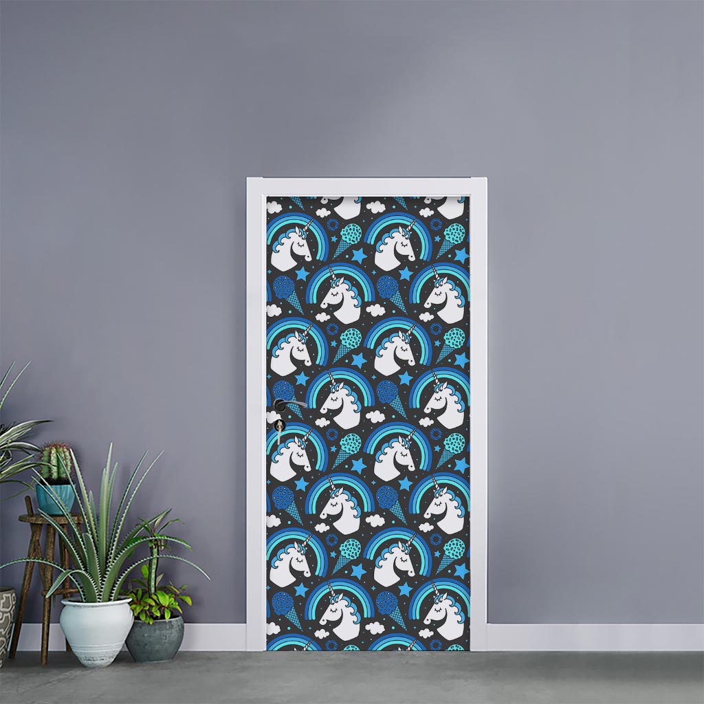 Blue Rainbow Unicorn Pattern Print Door Sticker
