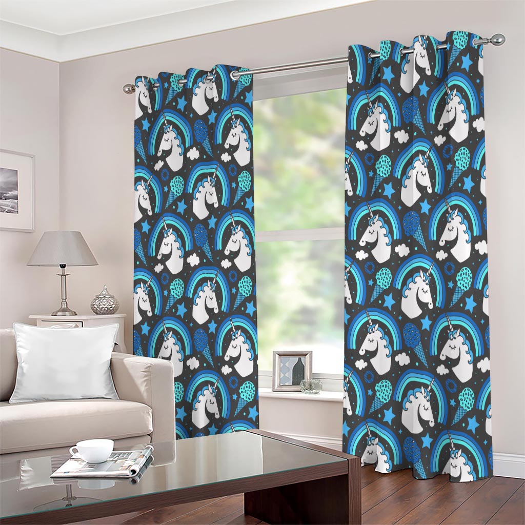 Blue Rainbow Unicorn Pattern Print Extra Wide Grommet Curtains