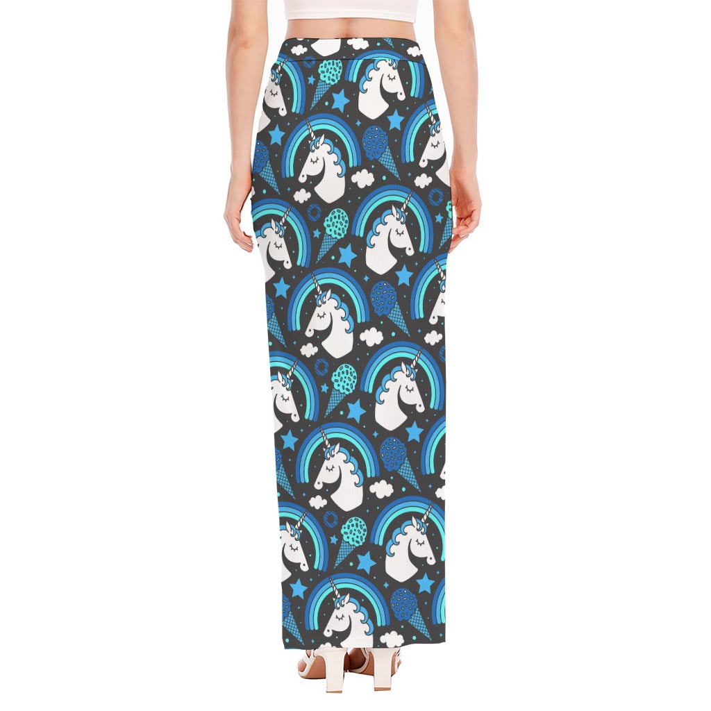 Blue Rainbow Unicorn Pattern Print High Slit Maxi Skirt