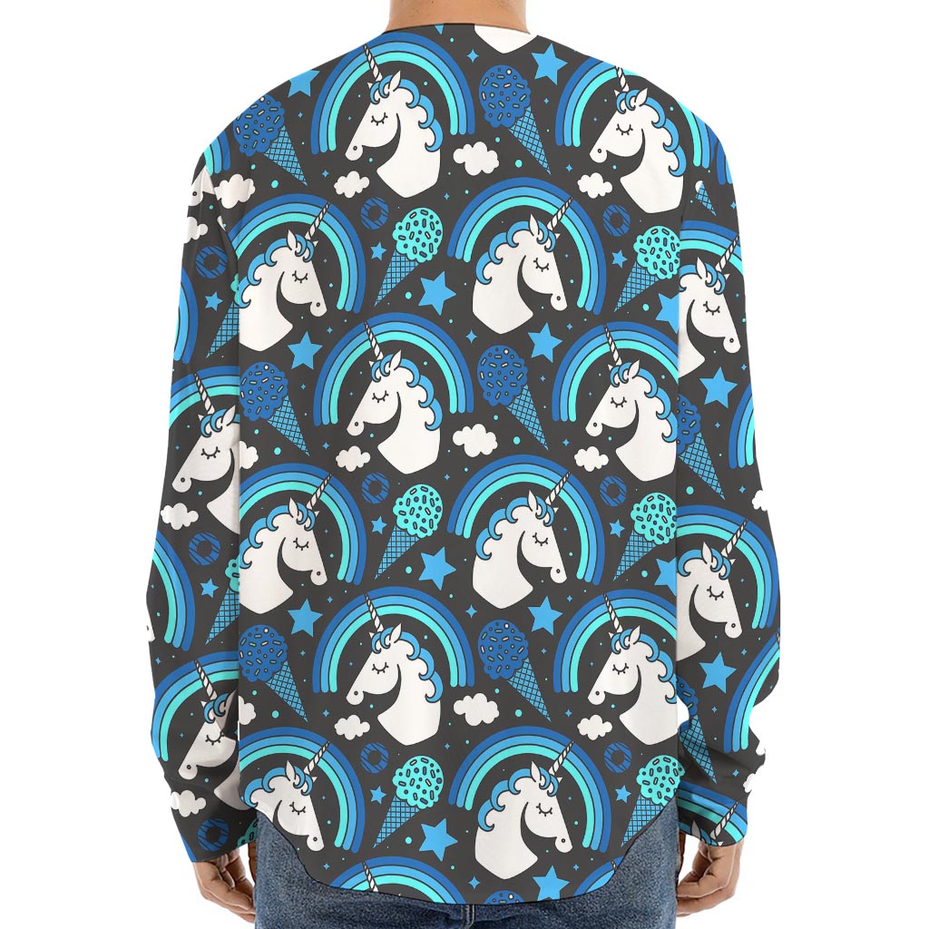 Blue Rainbow Unicorn Pattern Print Long Sleeve Baseball Jersey