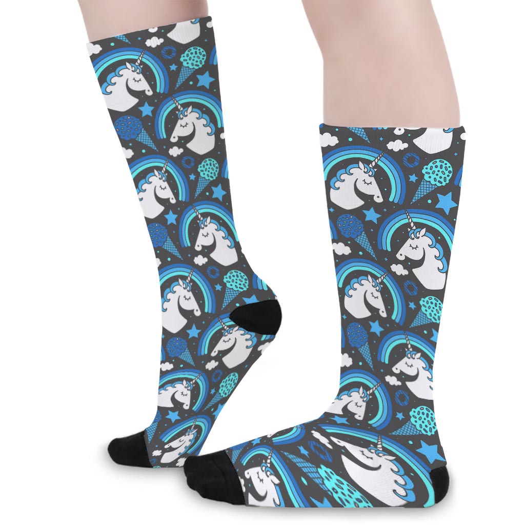 Blue Rainbow Unicorn Pattern Print Long Socks