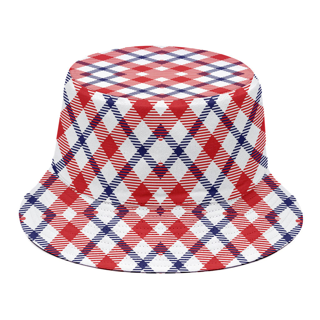 Blue Red And White American Plaid Print Bucket Hat