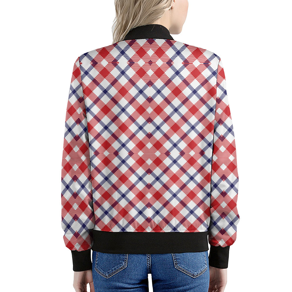 Blue Red And White American Plaid Print Women's Bomber Jacket