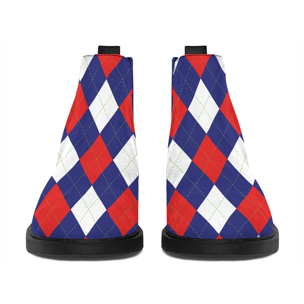 Blue Red And White Argyle Pattern Print Flat Ankle Boots