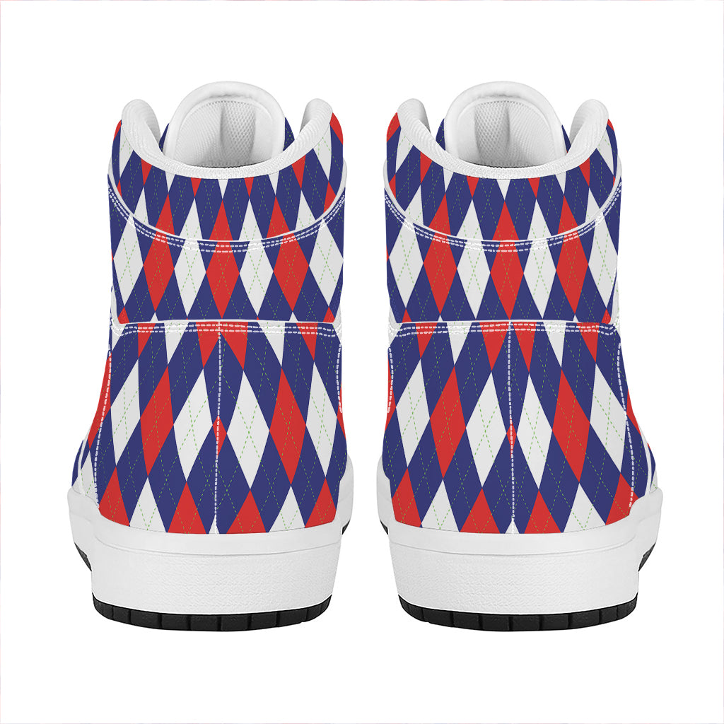 Blue Red And White Argyle Pattern Print High Top Leather Sneakers