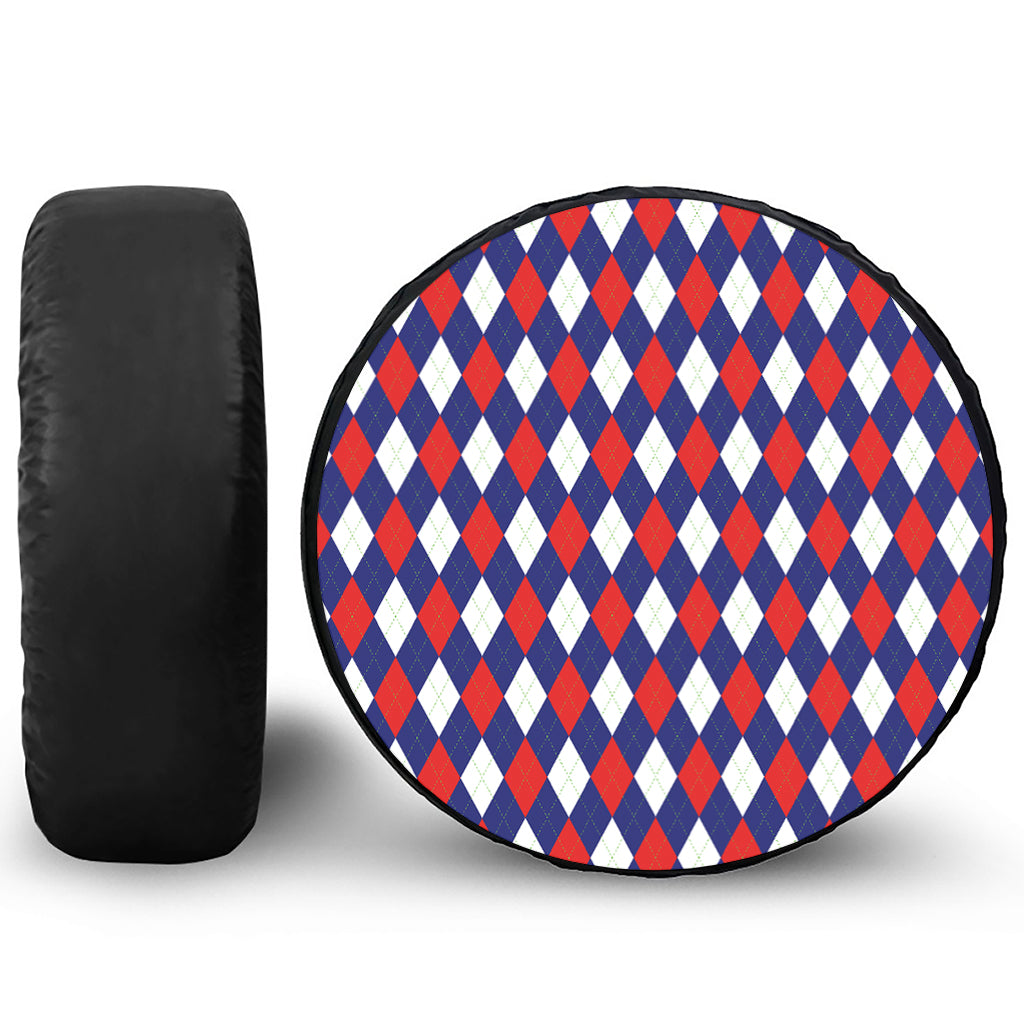 Blue Red And White Argyle Pattern Print Leather Spare Tire Cover