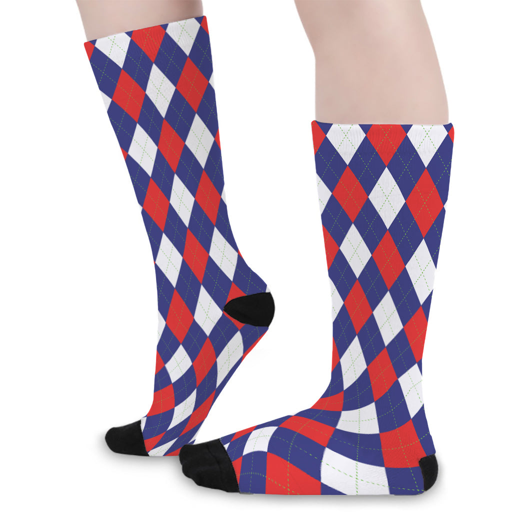 Blue Red And White Argyle Pattern Print Long Socks