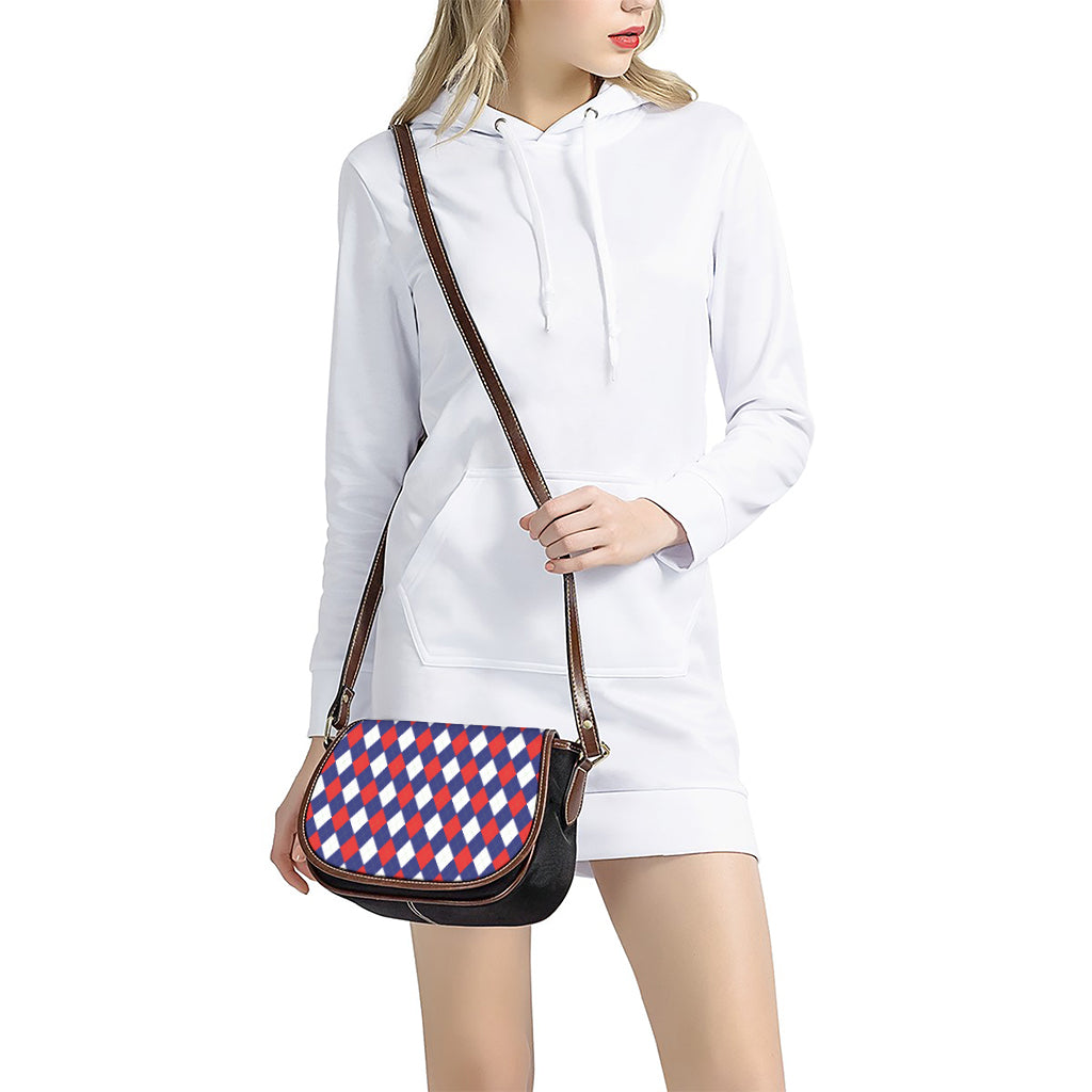 Blue Red And White Argyle Pattern Print Saddle Bag