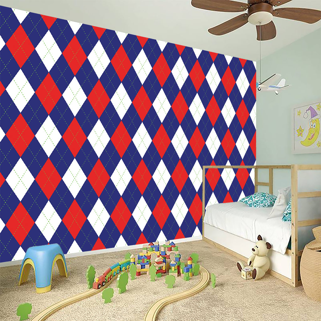 Blue Red And White Argyle Pattern Print Wall Sticker