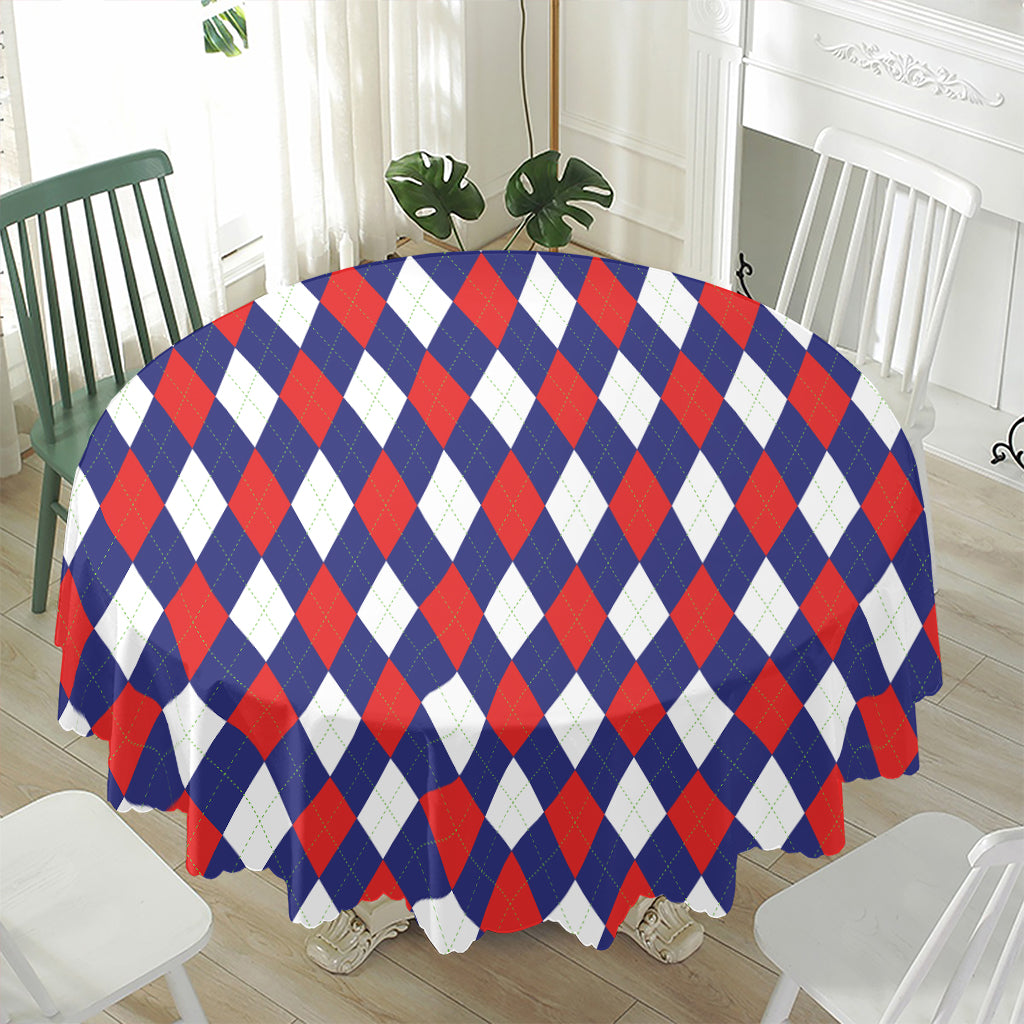 Blue Red And White Argyle Pattern Print Waterproof Round Tablecloth