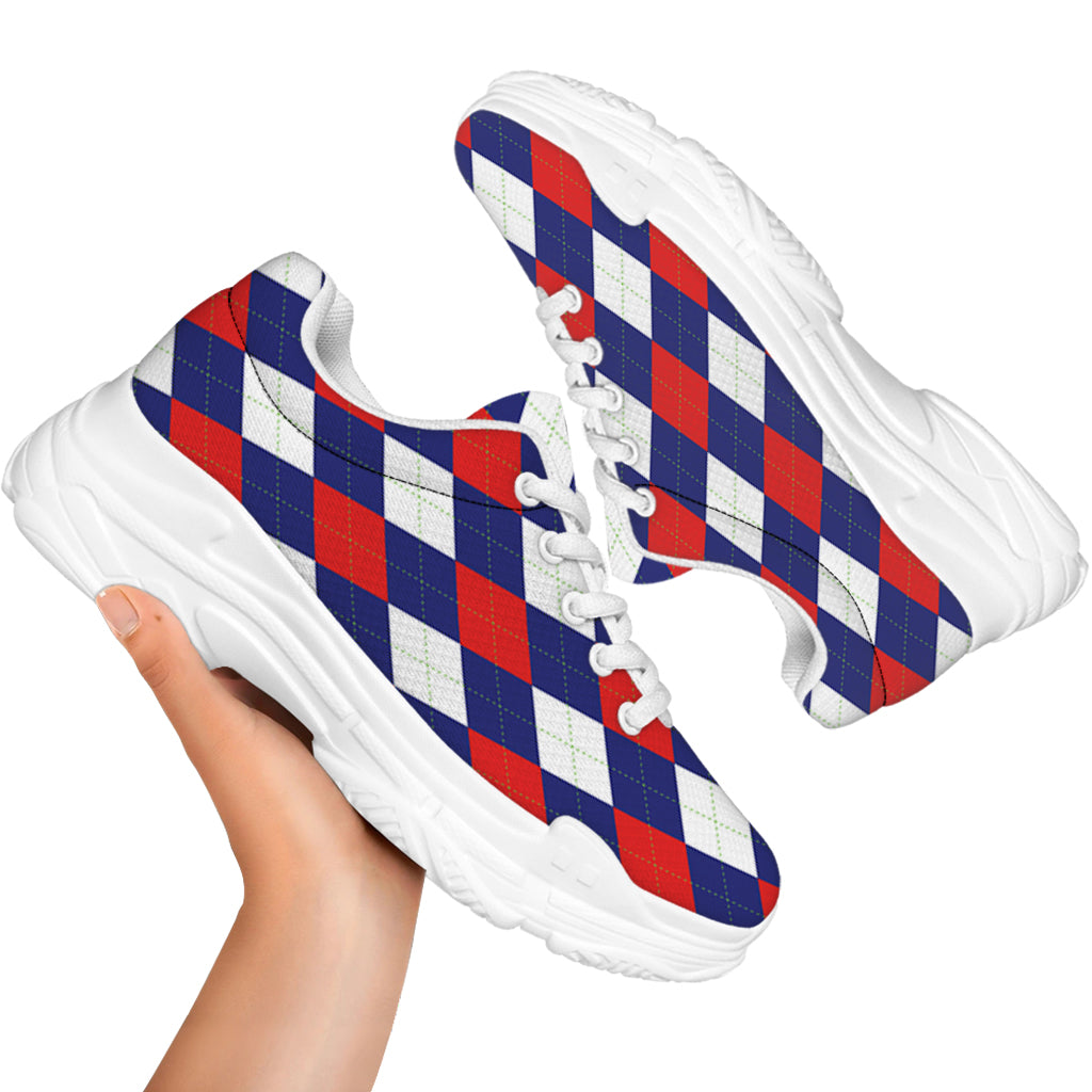 Blue Red And White Argyle Pattern Print White Chunky Shoes