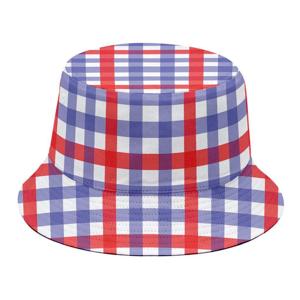 Blue Red And White Check Pattern Print Bucket Hat