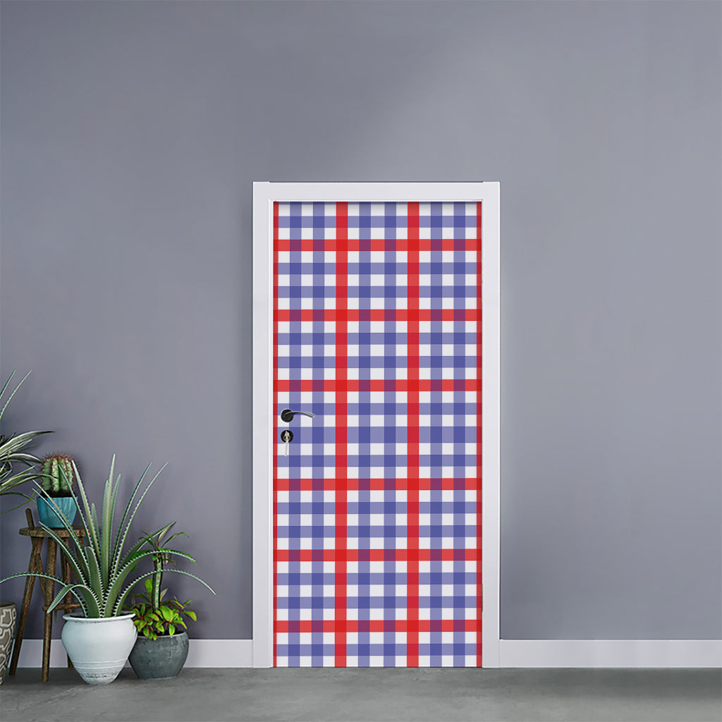 Blue Red And White Check Pattern Print Door Sticker